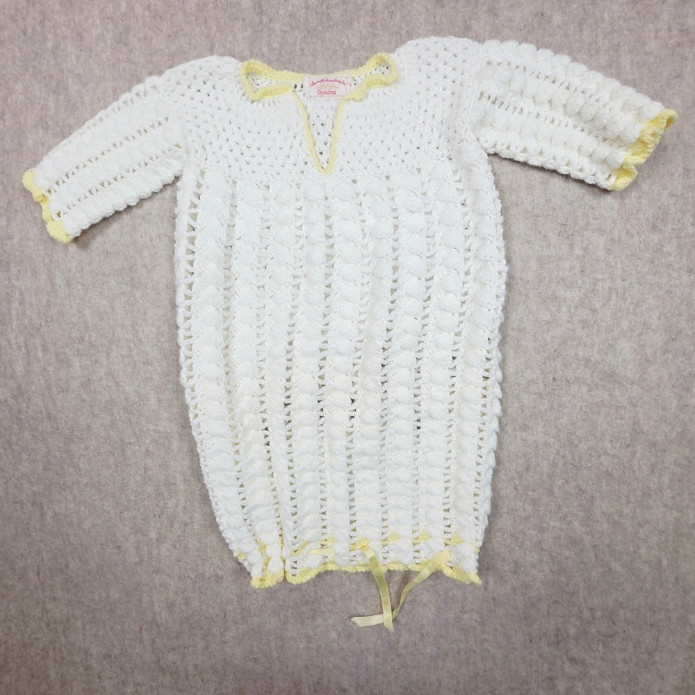 Handmade‎ crocheted baby gown with cinch ribbon v-neck white yellow trim